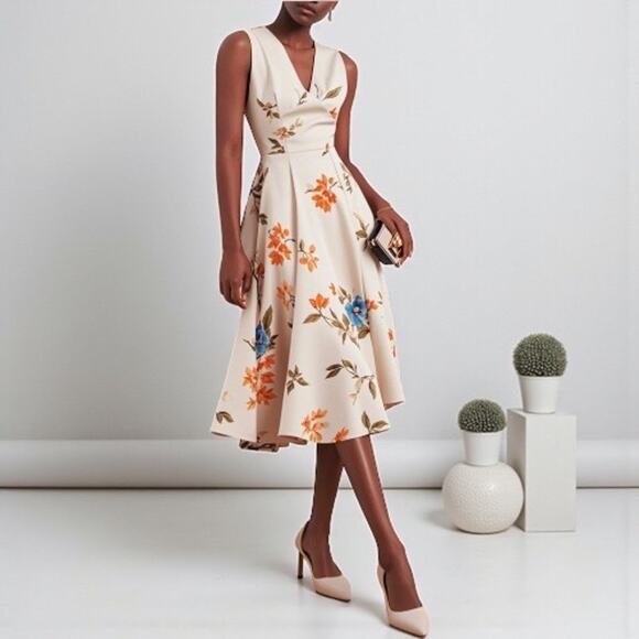 Fehaute Dresses & Skirts - FEHAUTE Floral Fit & Flare Midi Dress Women’s 14 Sleeveless V-Neck A-Line Fall